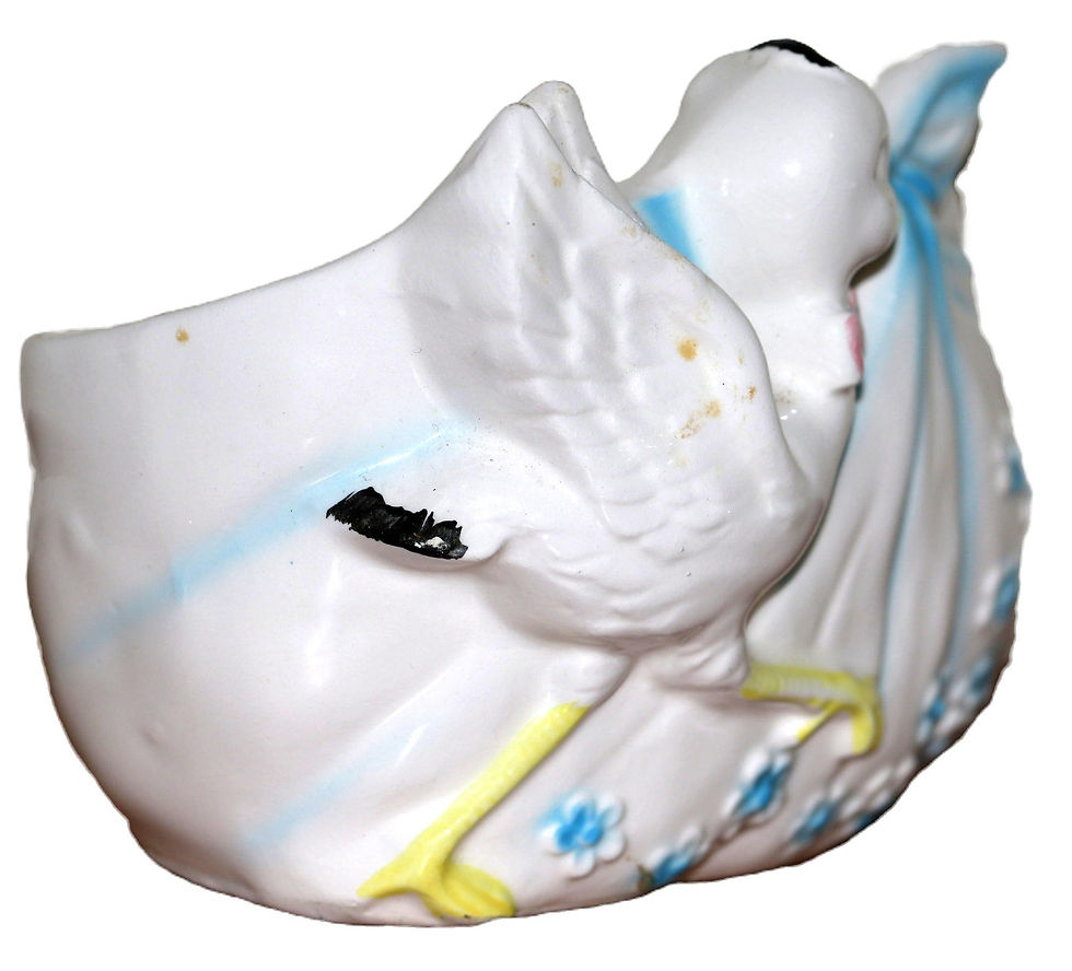 縮圖：Preloved Ceramic Stork Planter, New Baby Stork Ornament For The Nursery