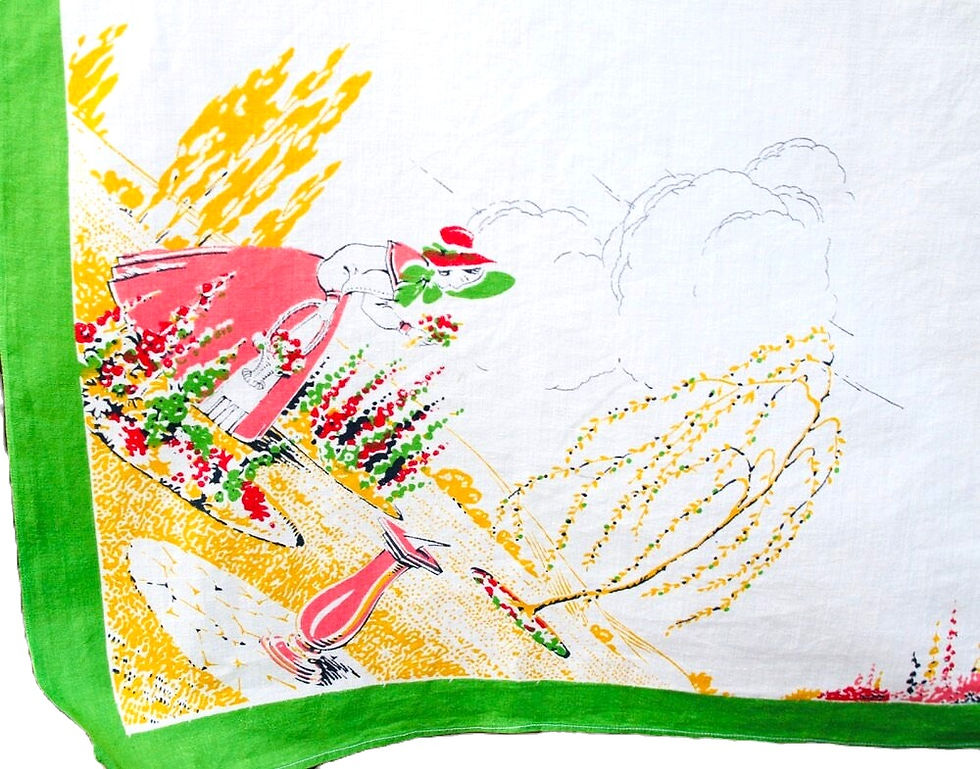 Miniatura: Preloved Printed Lady in the Garden Floral Tablecloth, Lady in Flower Tablecloth