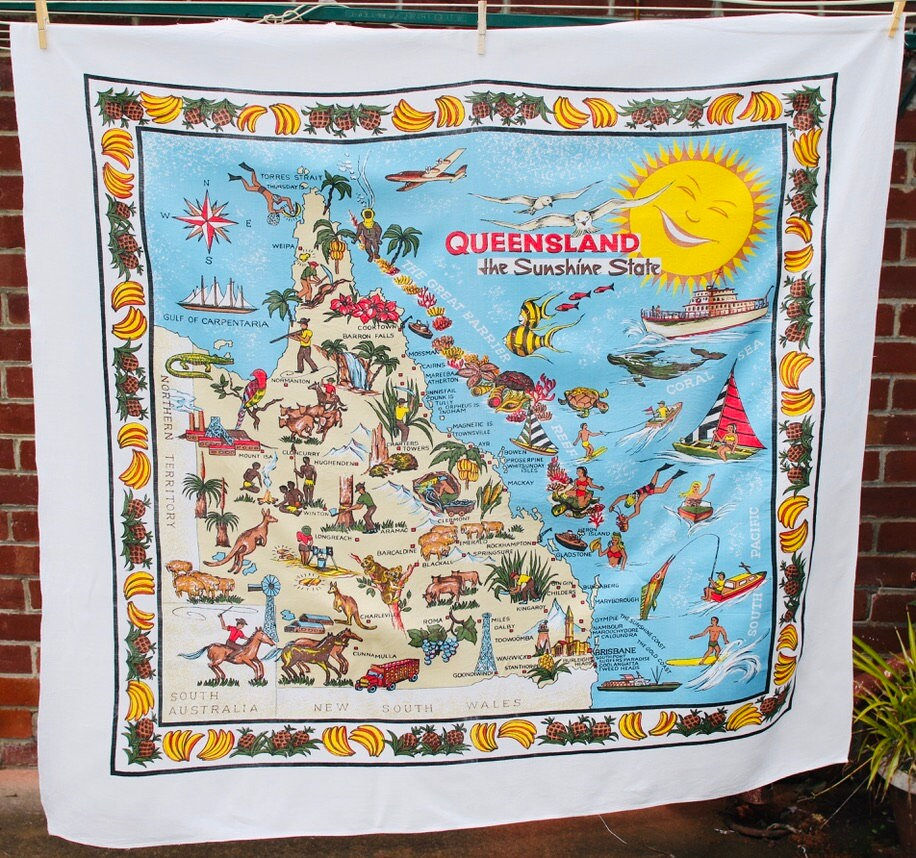 Preloved Queensland souvenir tablecloth, Souvenir Table Covering