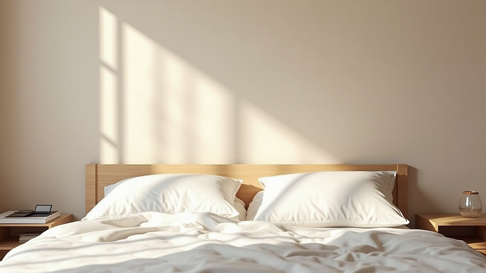 Eye-level view of a bedroom wall painted in soft neutral tones with natural light