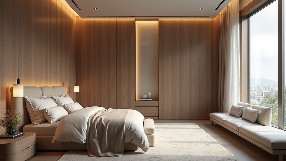 Wide angle view of a luxury bedroom with bespoke furniture and balanced layout