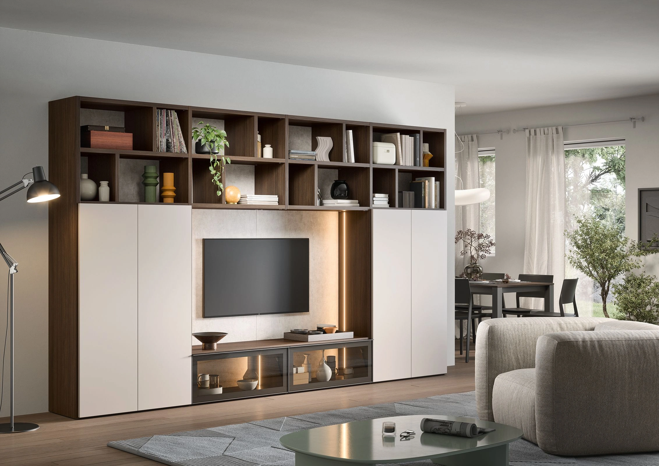 integrated media unit with shelves