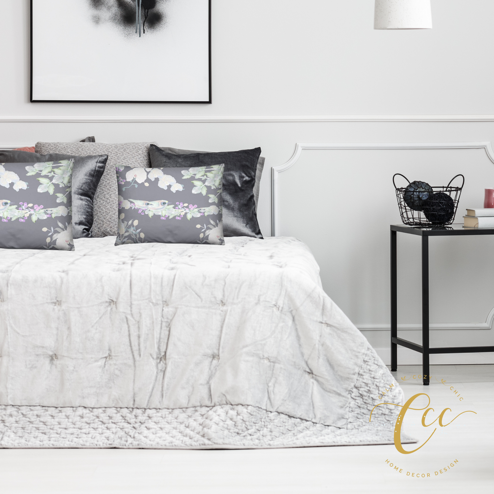 Blue Slate Bird Floral Leaf Cushion