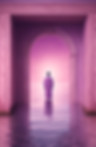 Pink hue of doorway and a person walking through to access their psychic transformation