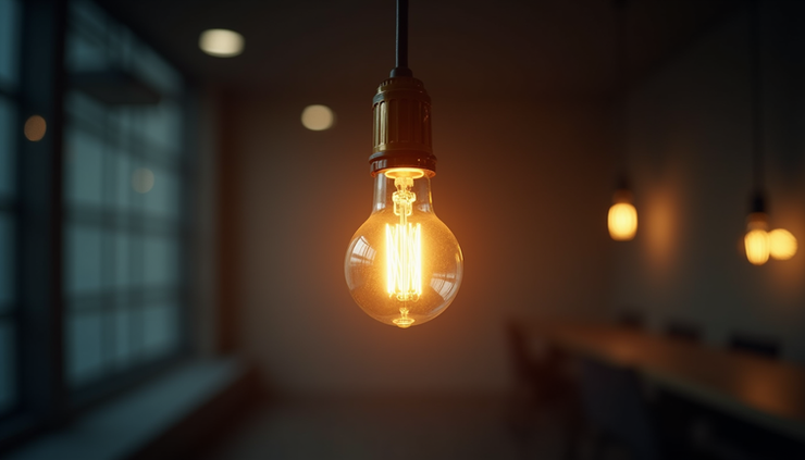 Eye-level view of a single glowing light bulb hanging in a dim room symbolizing workplace energy