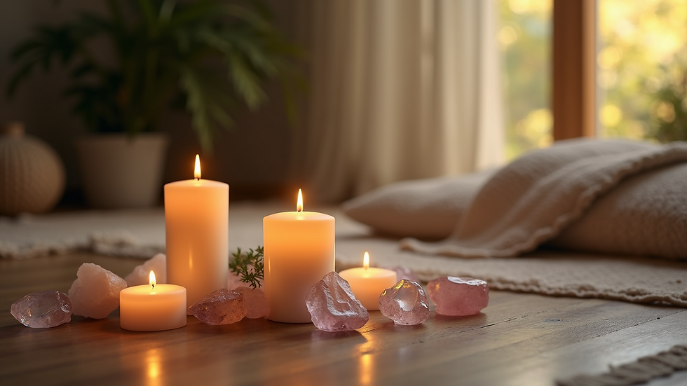 Close-up view of a serene meditation space with crystals and candles