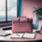 Pink brief case in an office with a notebook for business and executive coaching