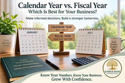 Original AI graphic by Summer Shade Bookkeeping with a desk, calendars, and the caption Calendar Year vs. Fiscal Year