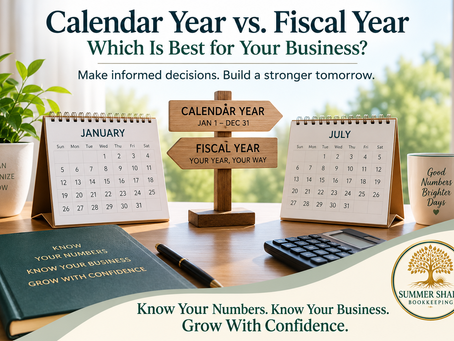 An original AI graphic by Summer Shade Bookkeeping with calendars and a title of Fiscal Year vs Calendar Year: which one is best for your business