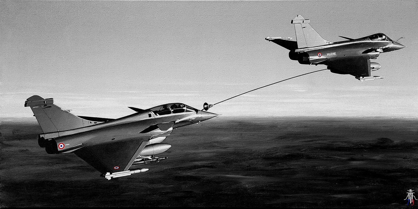 Toile aéronautique monochrome hyperréaliste de deux avions Dassault Rafale