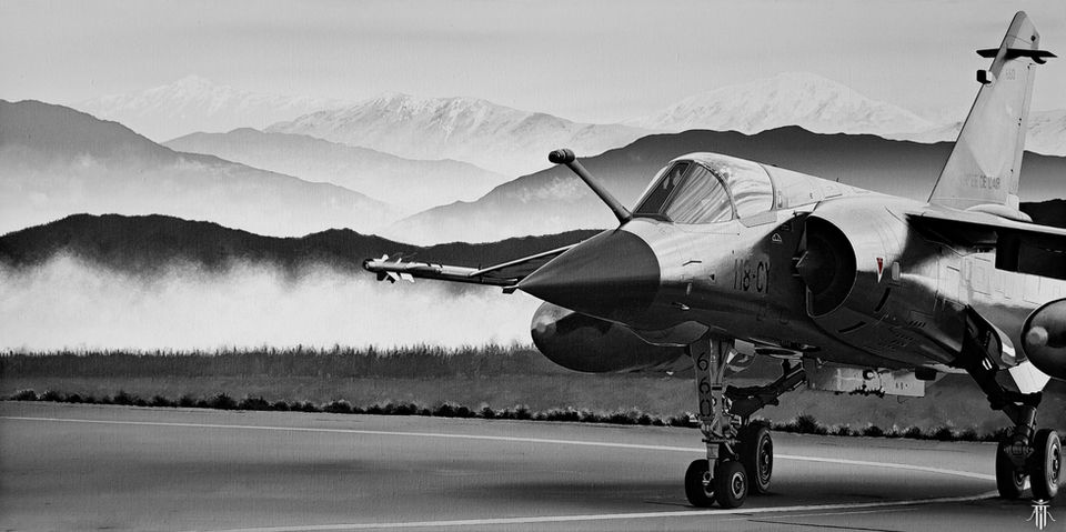 Toile aéronautique monochrome hyperréaliste d'un avion Dassault Mirage F1 de l'Armée de l'Air et de l'Espace au sol