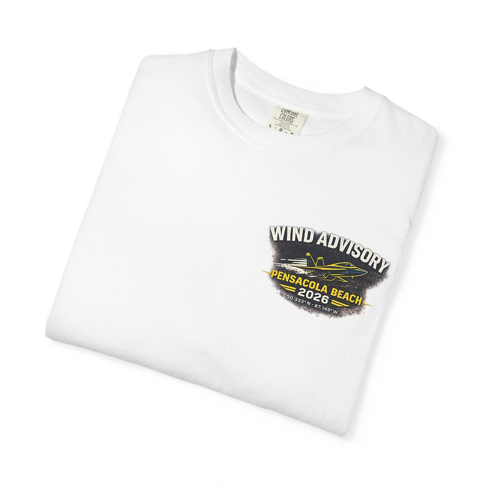 Folded white garments-dyed t-shirt with Wind Advisory logo