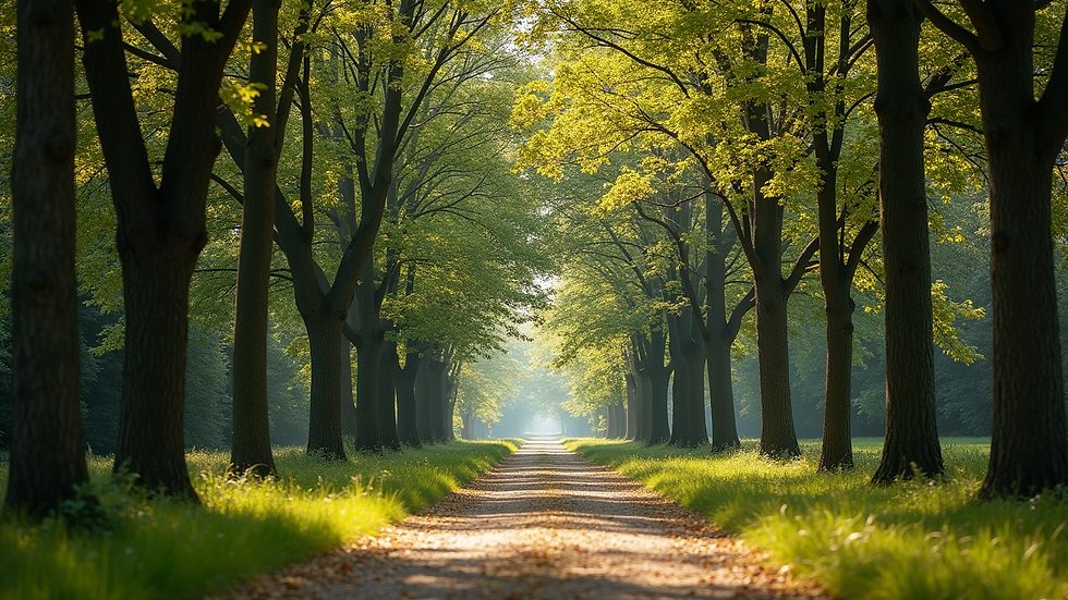 Wide angle view of a peaceful park trail surrounded by trees