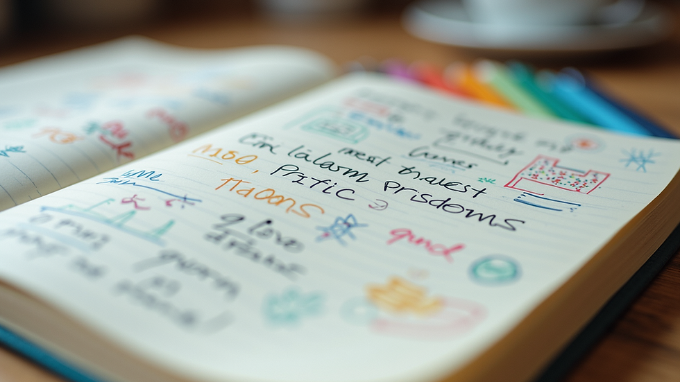 Close-up view of a colorful journal page with handwritten notes and doodles