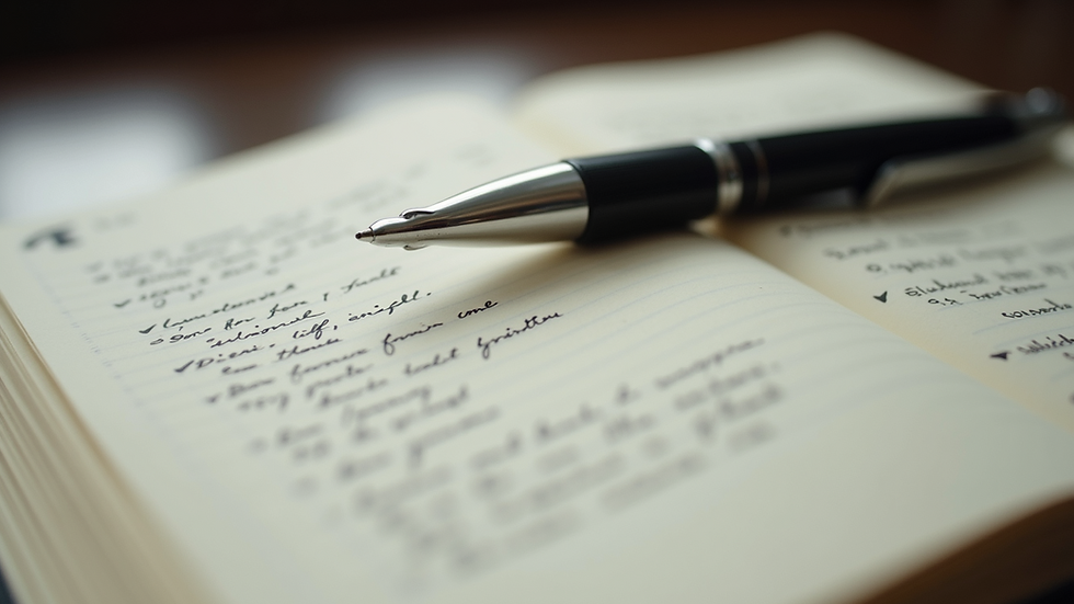Close-up view of a journal with handwritten notes and a pen