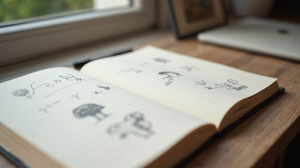 Close-up view of a journal with simple drawings and short notes