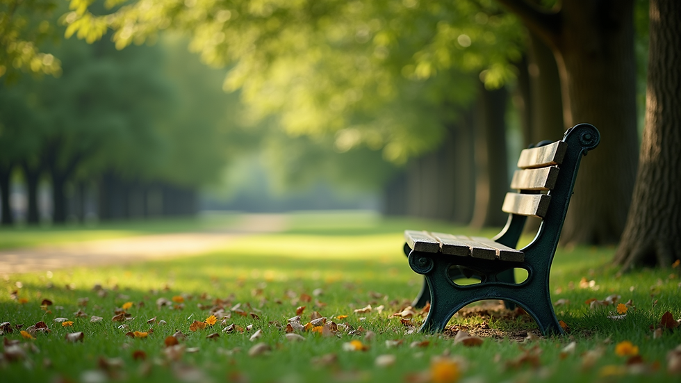 Eye-level view of a peaceful park bench surrounded by green trees