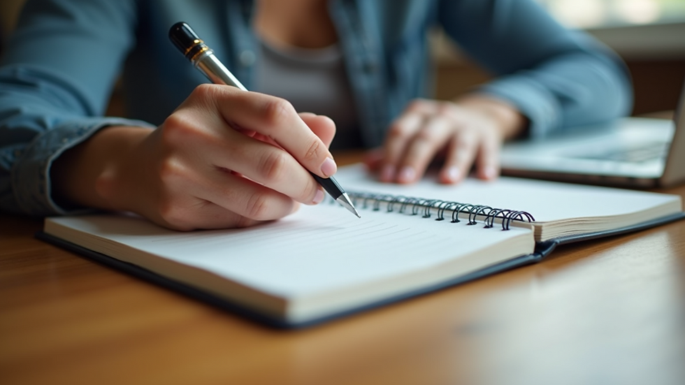 Eye-level view of a person writing wellness goals in a journal
