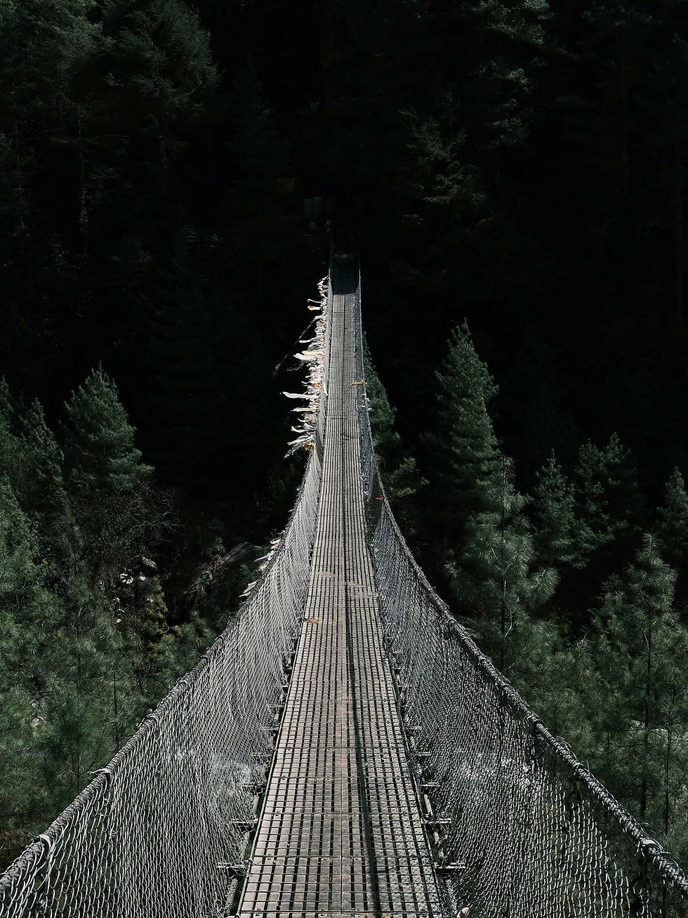Suspension bridge crossing deep forest valley along Everest trekking route