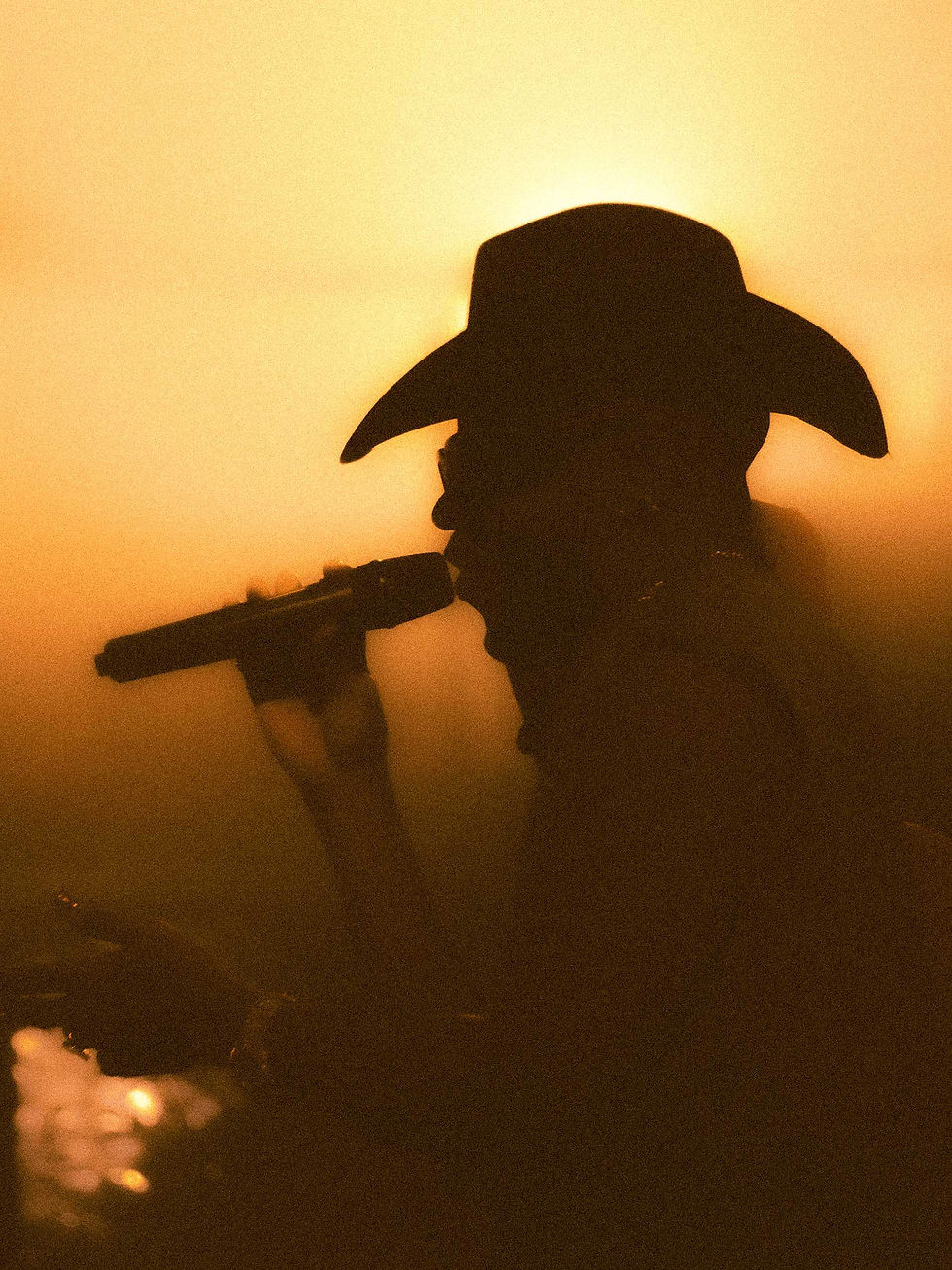 Silhouette of a country singer performing live in a cowboy hat against warm stage lighting