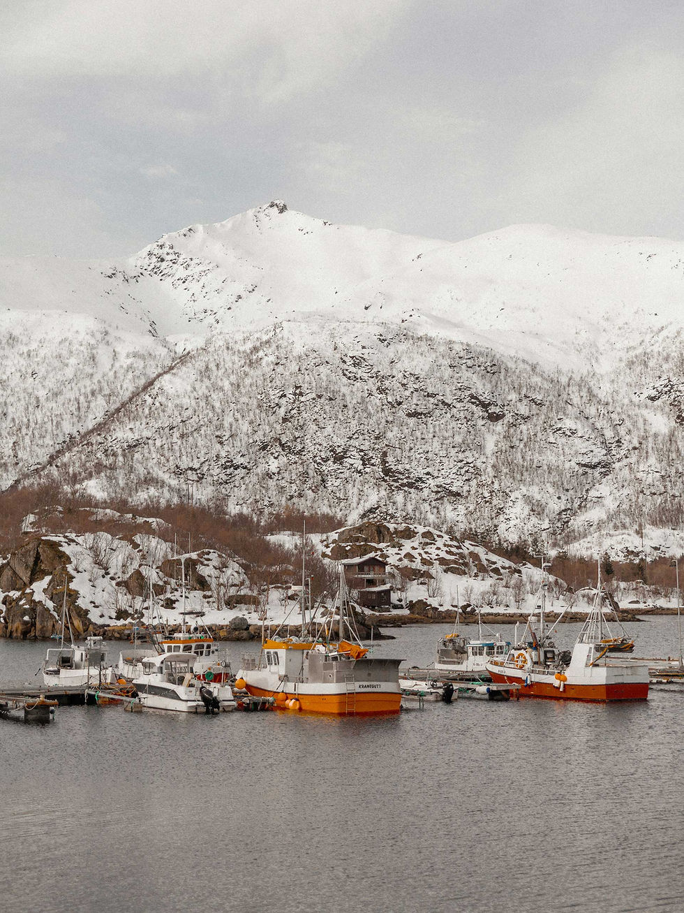 Fishing boats moored in a snowy harbour beneath the mountains of Tromsø, Norway.