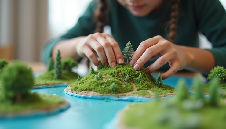 Eye-level view of a student building a 3D environmental model at a climate summit