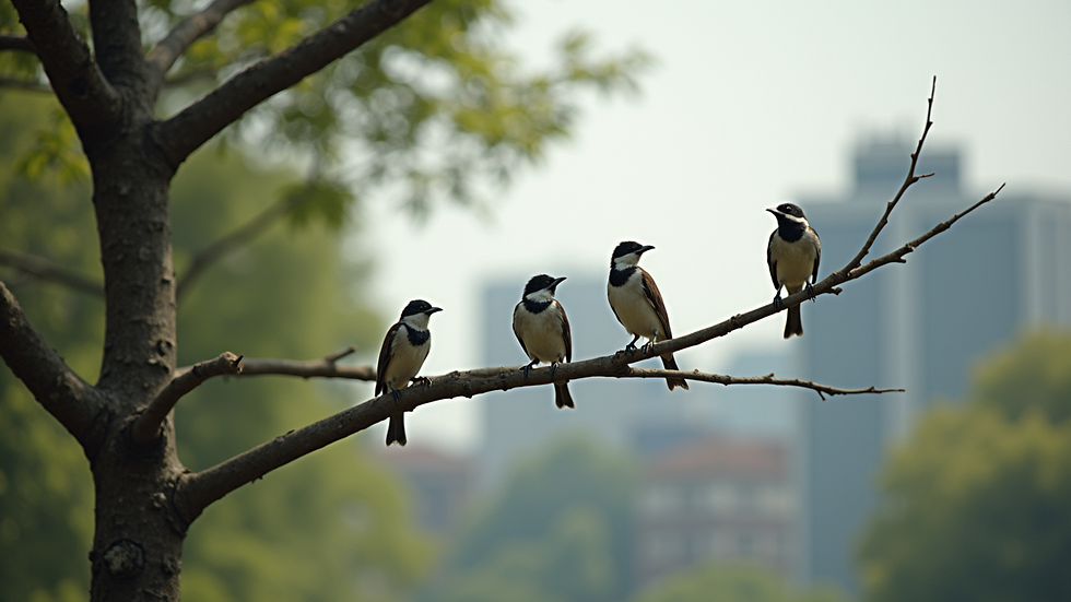 Eye-level view of an urban park, capturing wild birds perched on branches