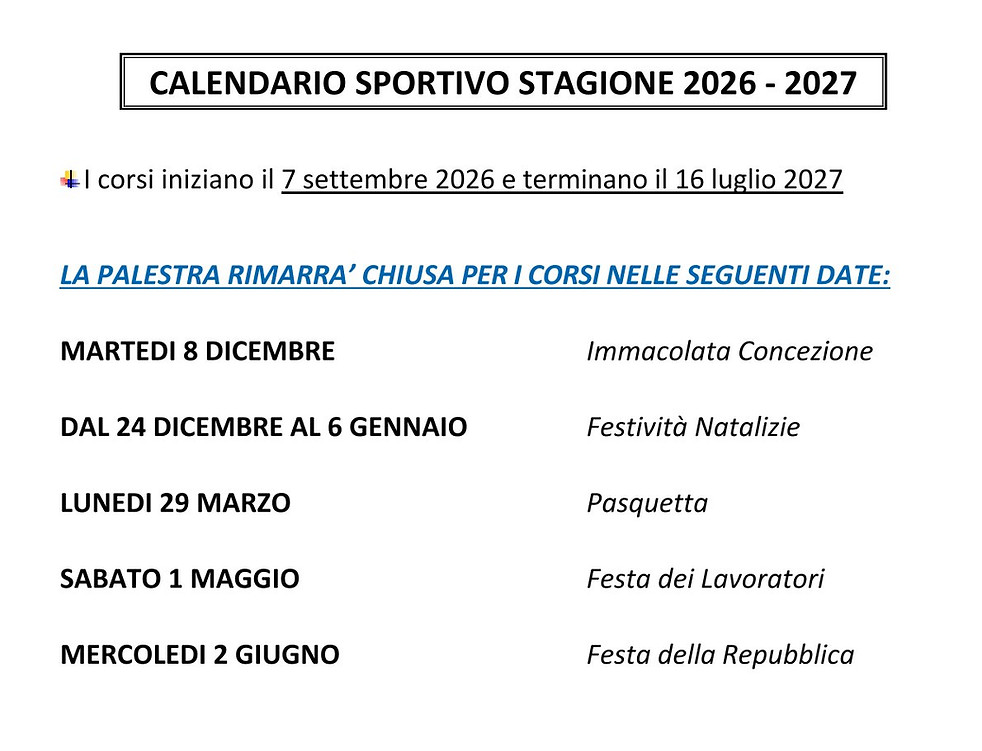 Calendario sportivo stagione 2026-2027
