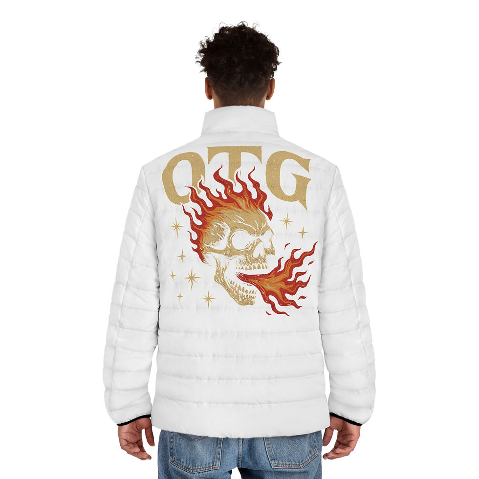 Thumbnail: "OTG" Men's Skull Flame Puffer Jacket (White)