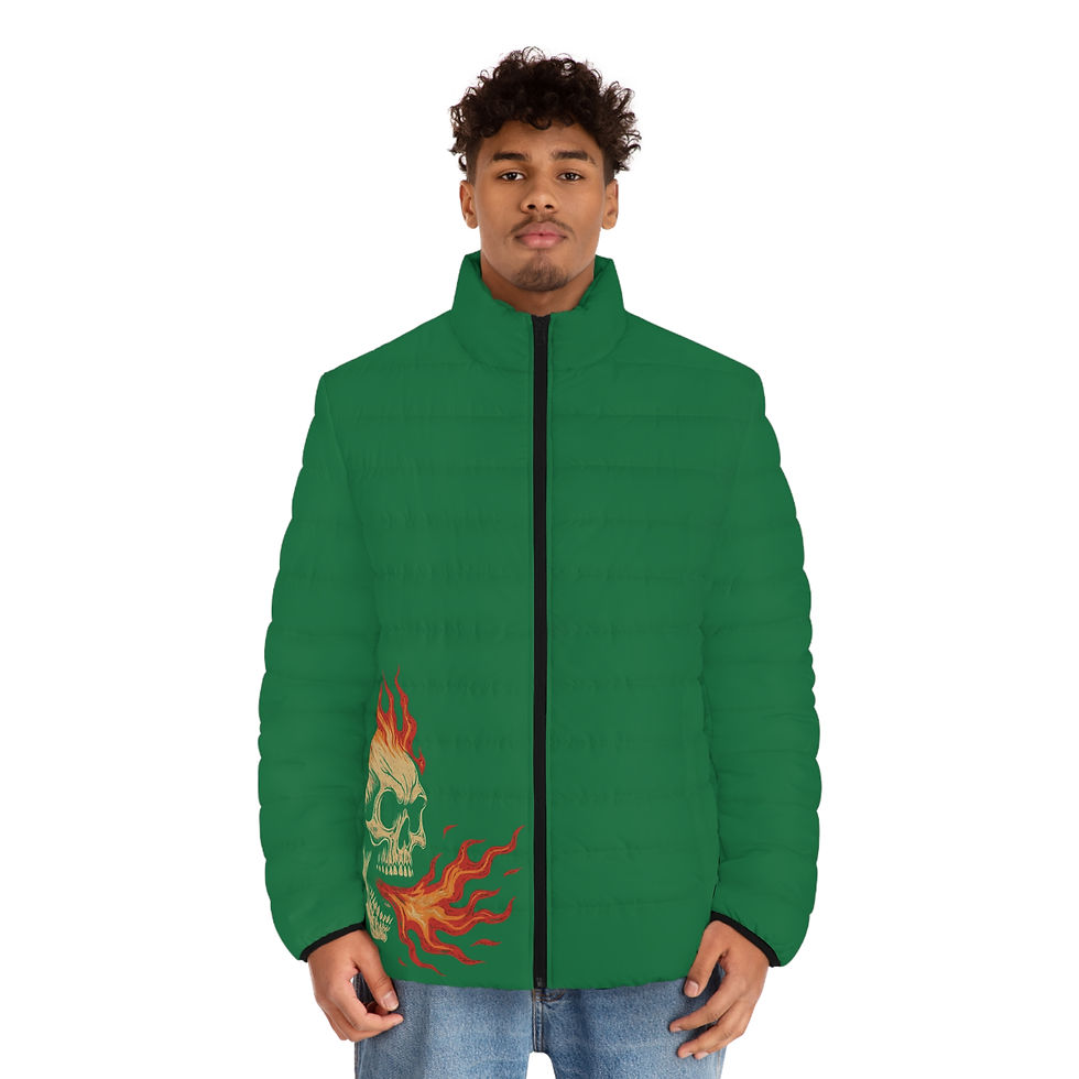 Thumbnail: "OTG" Men's Skull Flame Puffer Jacket (Dark Green)