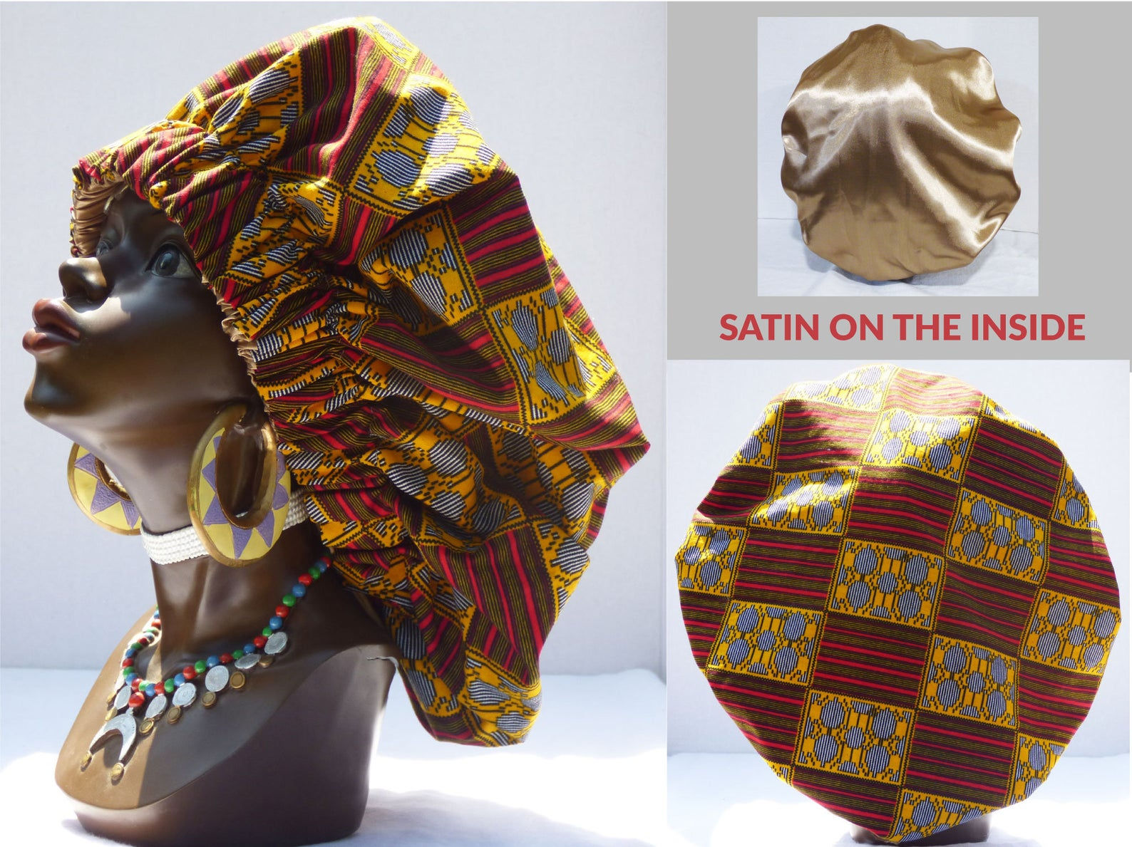 Adjustable African Print Hair Bonnet (Satin inside)