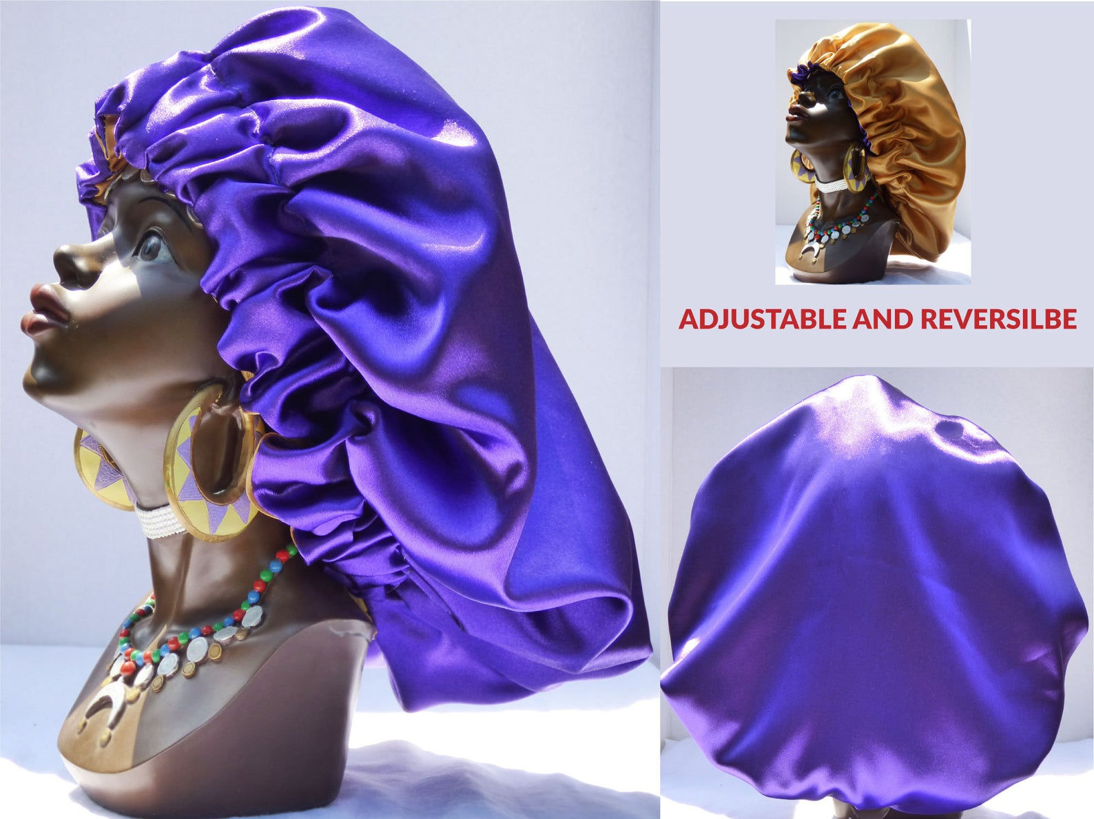 Adjustable and Reversible Two Tone Satin Hair Bonnet