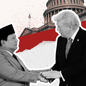 Prabowo Subianto and Donald Trump shake hands against a backdrop of the U.S. Capitol. Red and white colors with scattered spots evoke a dynamic mood.