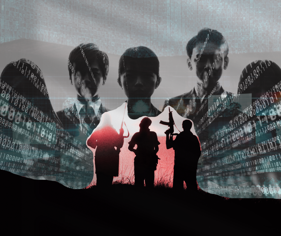 Silhouettes of four soldiers with guns in front of digital background and binary code, overlaying a group of people. Moody, dark tones.