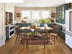 Rustic kitchen table set for gathering with Old Fashioned Living blends and mixes.