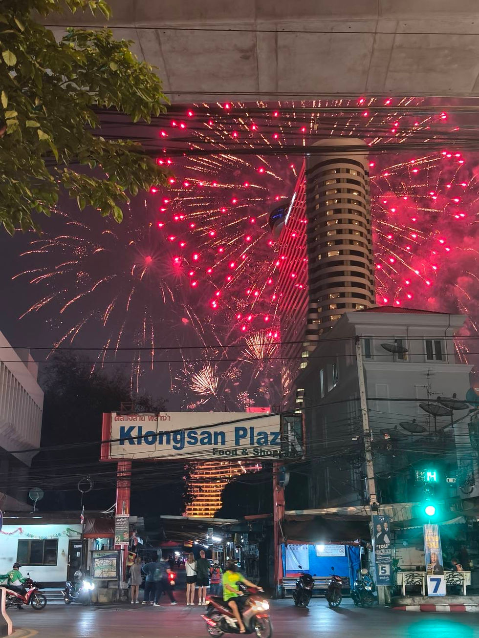 Fireworks over Khlong San near ICONSIAM Bangkok, street view atmosphere close to Chill In Bangkok restaurant