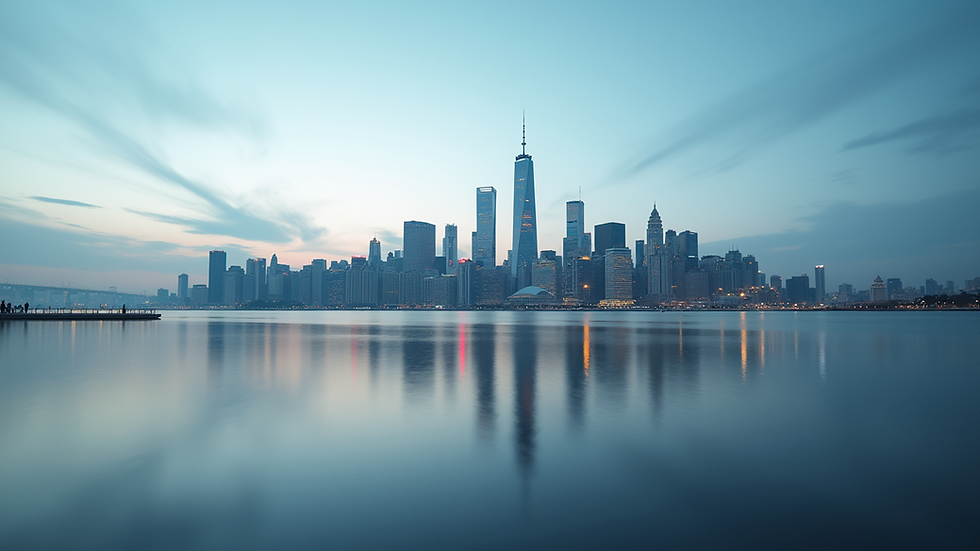 Eye level view of a city skyline reflecting in water