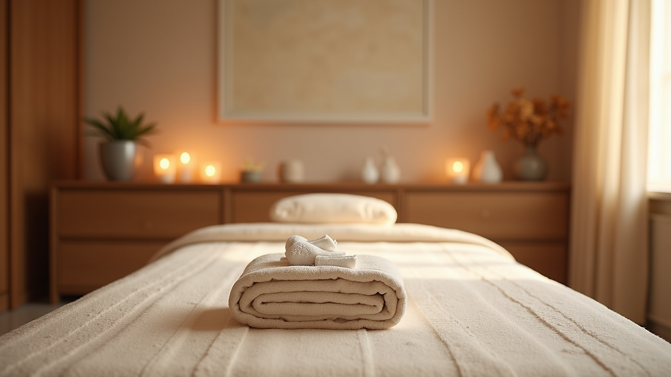 Eye-level view of a serene massage room with calming decor and soft lighting