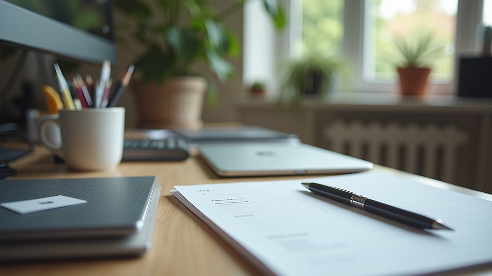 eye-level view of a neatly organized desk with minimal items