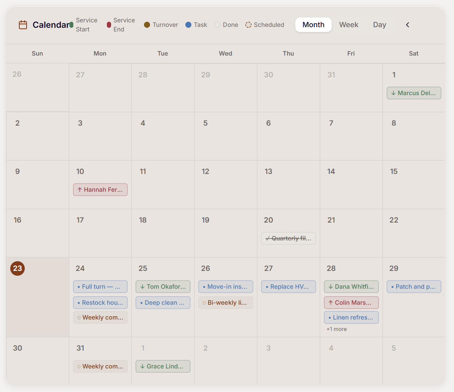TurnPulse calendar — service starts and ends, tasks, and recurring schedules across a month.