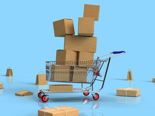 A shopping cart with a bunch of cardboard boxes with a blue background