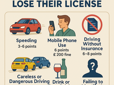 Infographic titled "How New Drivers Lose Their License," featuring six sections with simple icons and text explaining common offenses, including speeding, mobile phone use, driving uninsured, careless driving, drink or drug driving, and failing to identify the driver. Each section displays the associated penalty points and consequences.