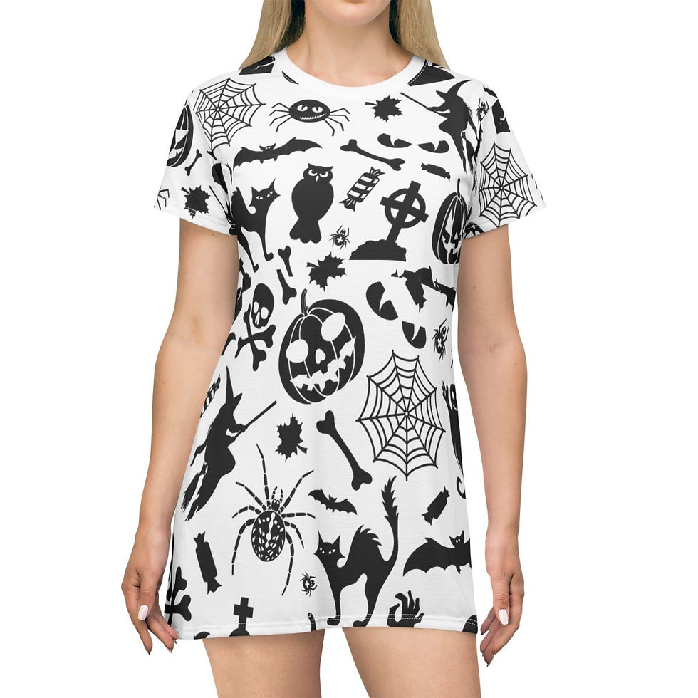 Gothic Oversized Tshirt Dress: Smiling Pumpkin Halloween Emotes Pattern Fantasy  exudes a fun, spooky season vibe.