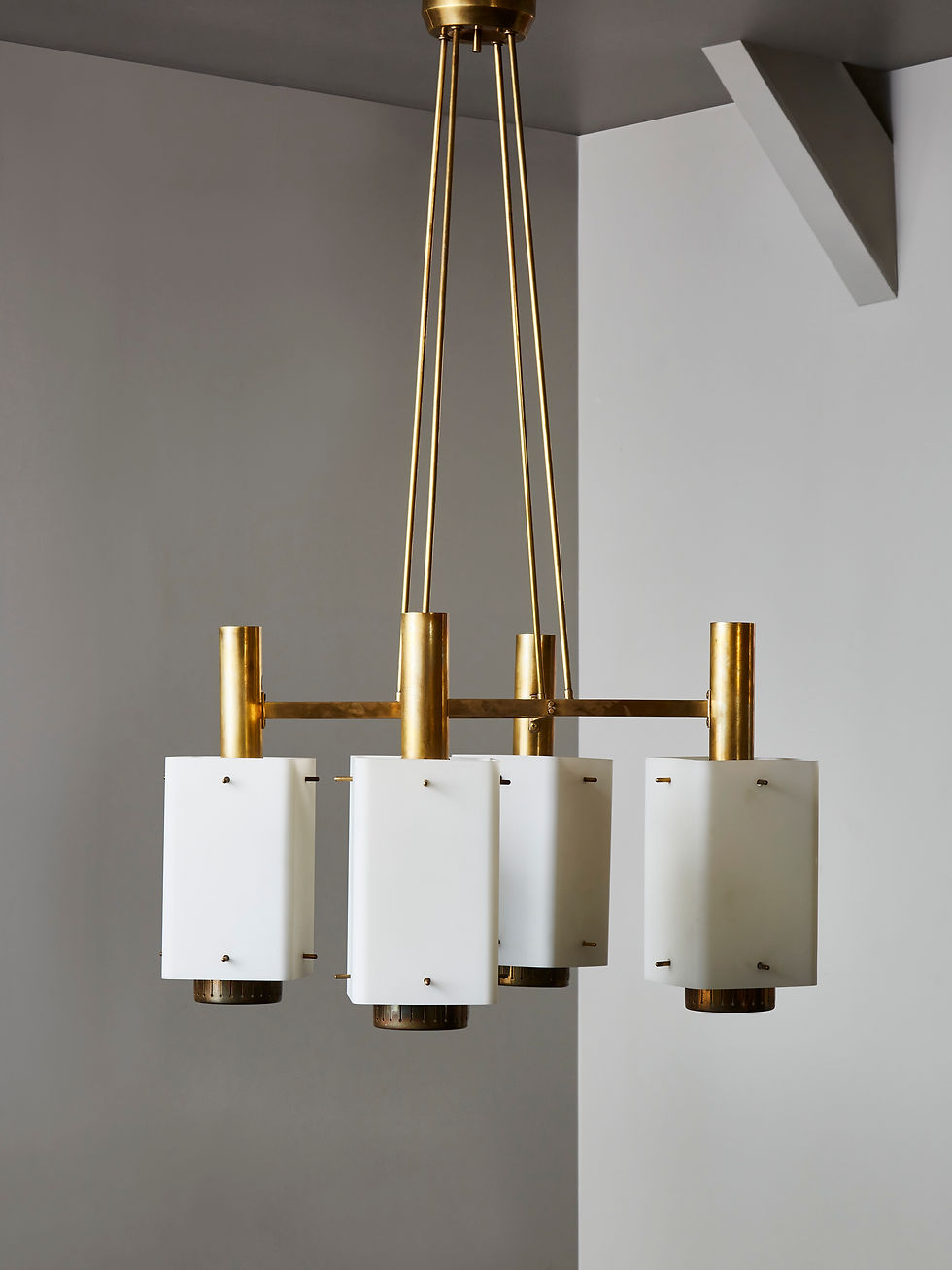 Brass Square Stilnovo Chandelier with Opaline Glass Sconce