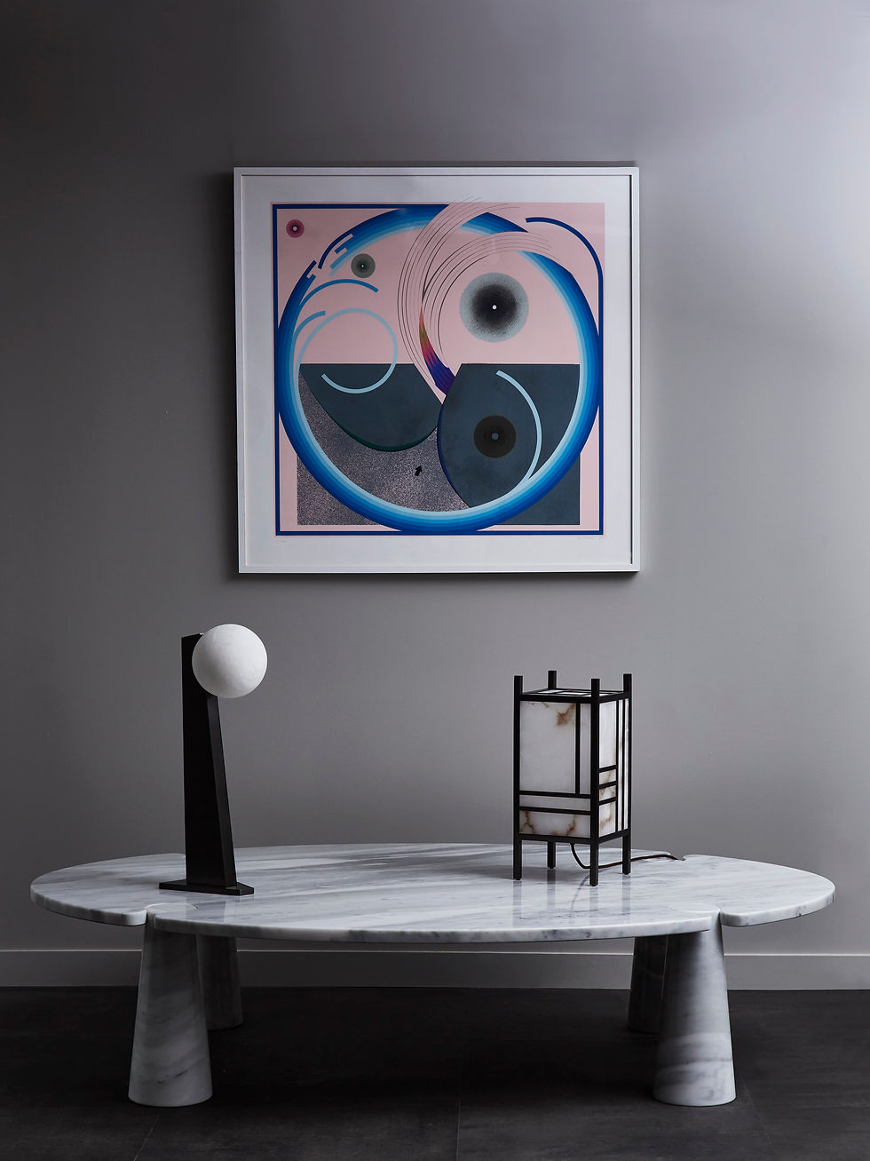 Miniature : Glustin Luminaires Asymmetrical Brass Table Lamp with an Alabaster Globe