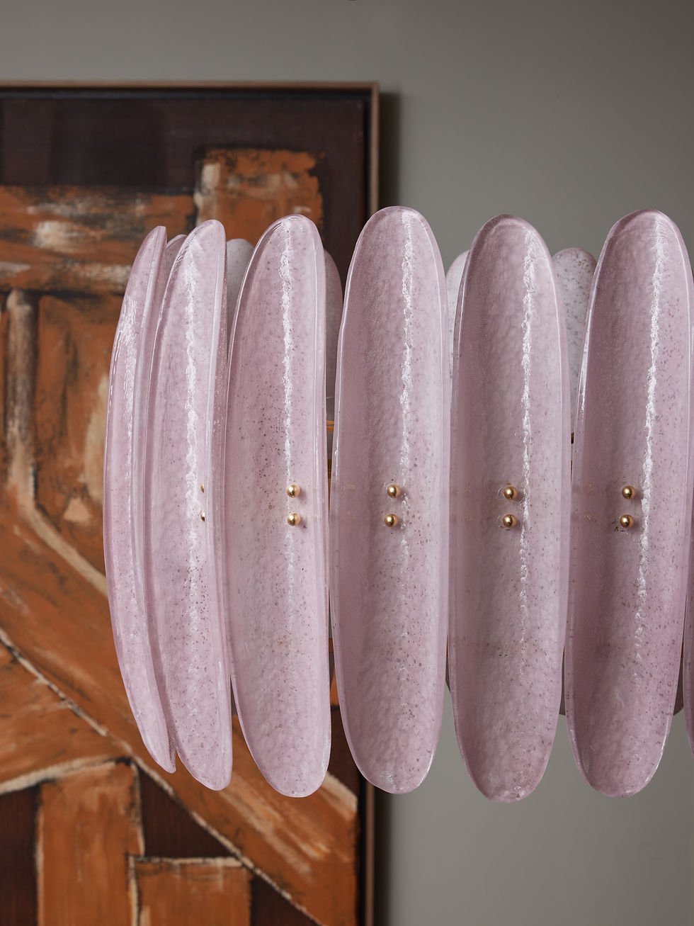 Miniature : Long Chandelier With Pink Curved Murano Glass Panels