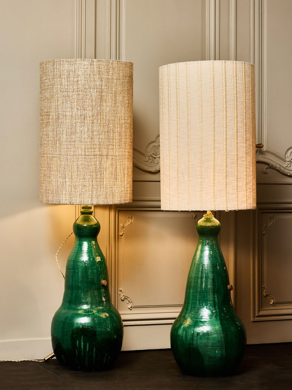 Miniature : Pairs of Oversized Green Glazed Terracotta Jar Lamps