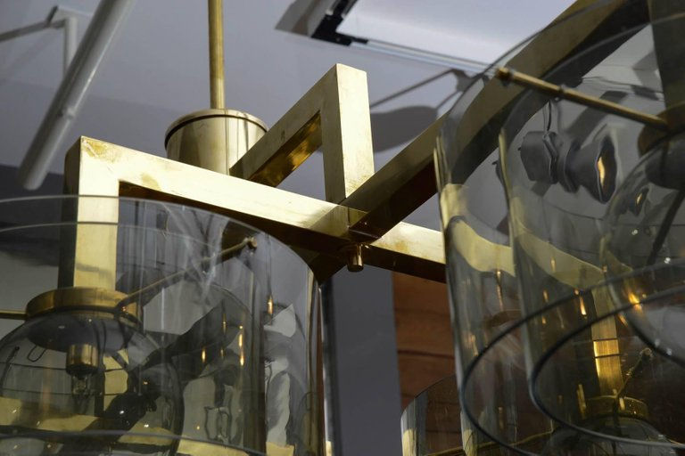 Miniature : Glustin Luminaires Creation Brass Chandelier with Grey Glass Cylinder