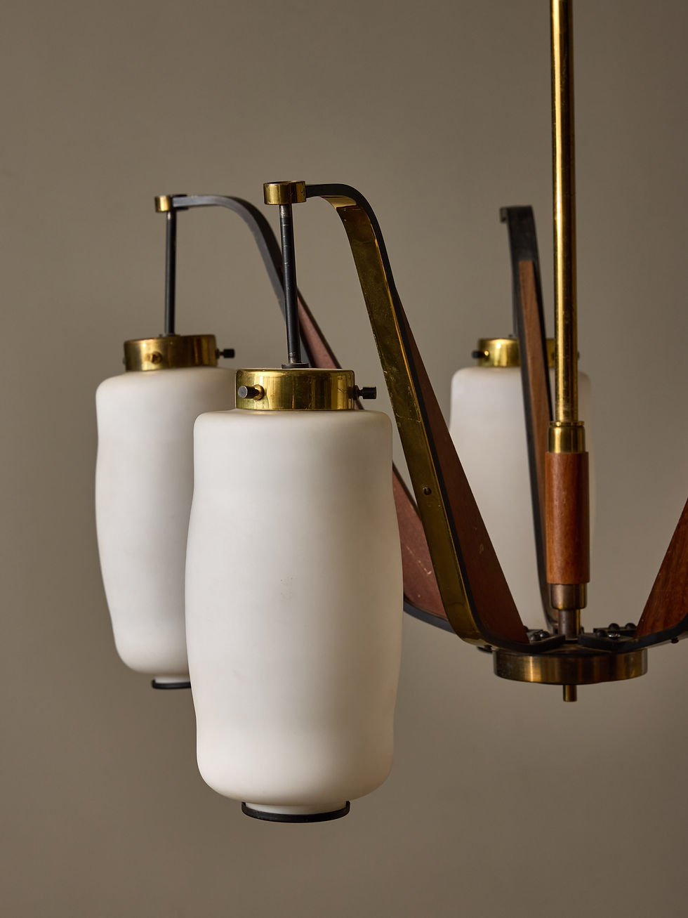 Miniature : Italian Mid Century Wood, Brass and Opaline Chandelier