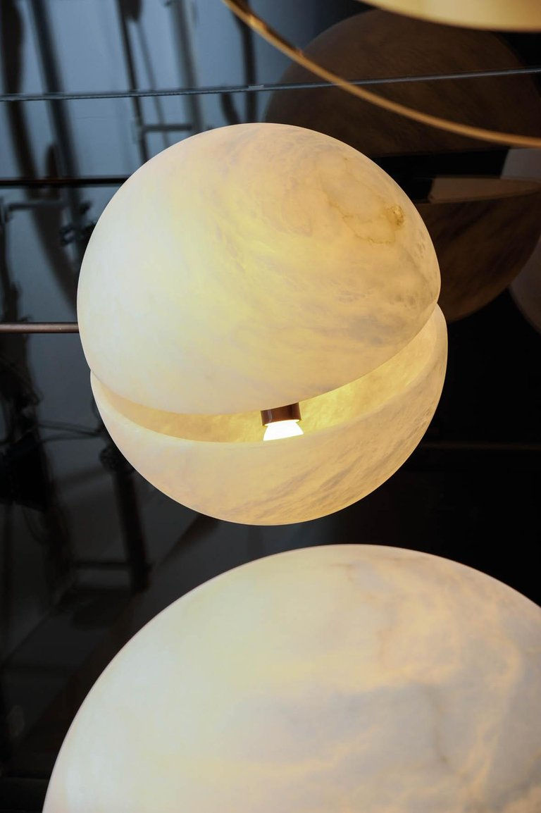 Miniature : Set of Three Brass and Alabaster Half Spheres Suspensions by Glustin Luminaires